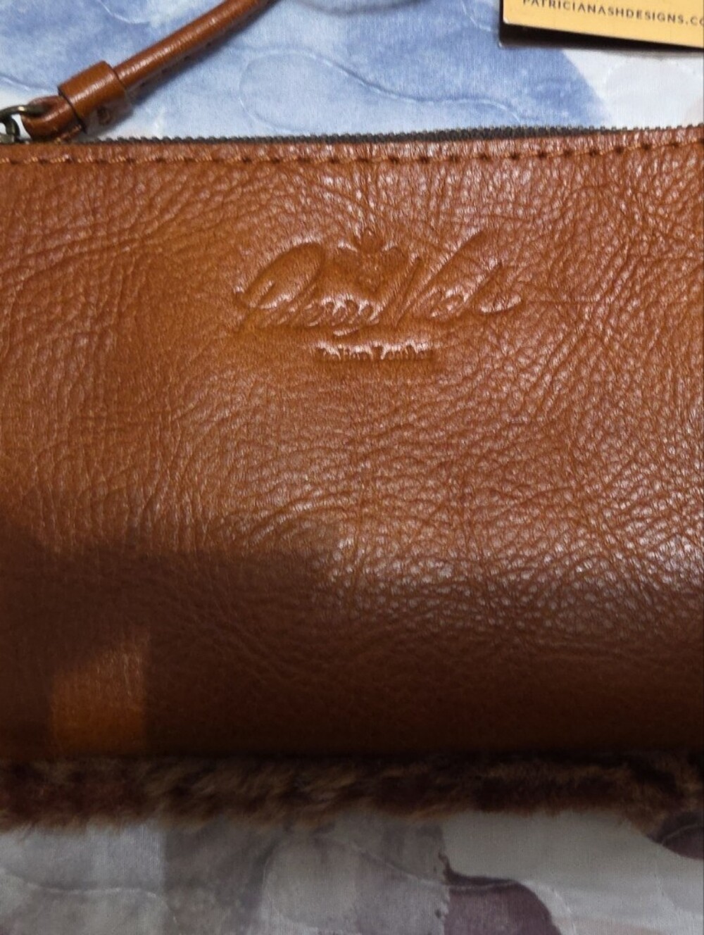 NWT Patricia Nash Leather Wristlet Clutch in Brown with Fur Trim